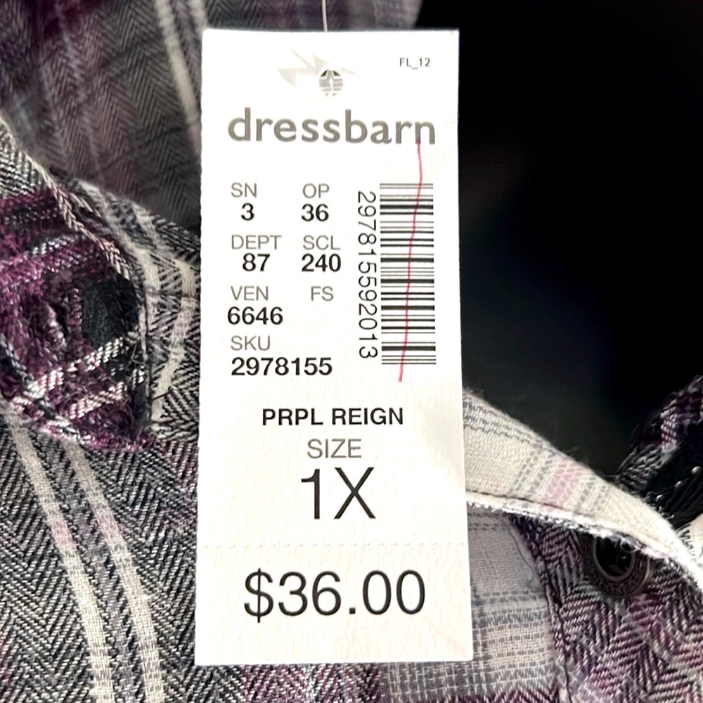 NWT 🤠 DRESS BARN PURPLE/PINK/WHITE COTTON PLAID BUTTON DOWN SHIRT Women’s 1X - Picture 5 of 10
